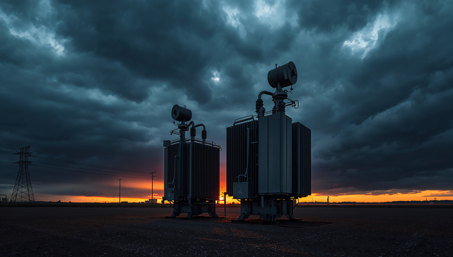 Industrial Transformers Against Dramatic Sunset Clouds