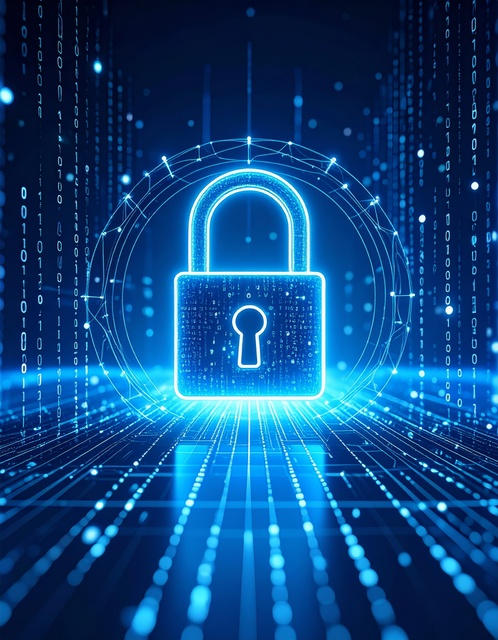 luminous digital security lock set against data