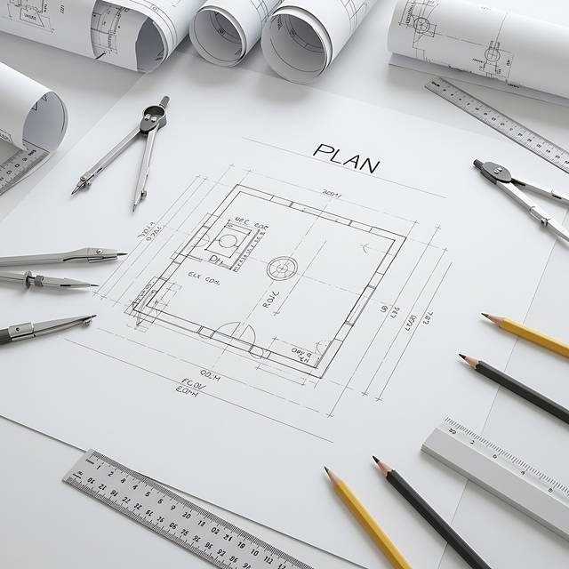 architectural plan drawing with drafting tools and blueprints