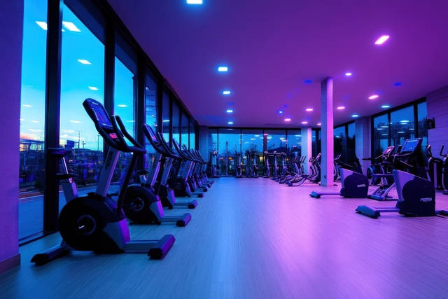 evening gym cardio room city view 640 x 427 px