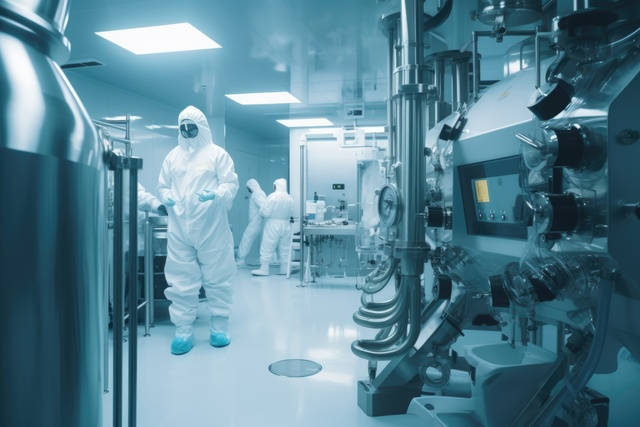 man in a laboratory suit is standing in a sterile room