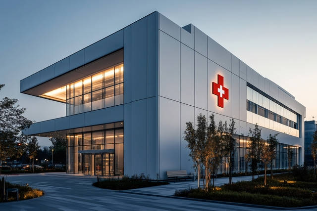 modern healthcare medical building with red cross symbol 640 x 427 px